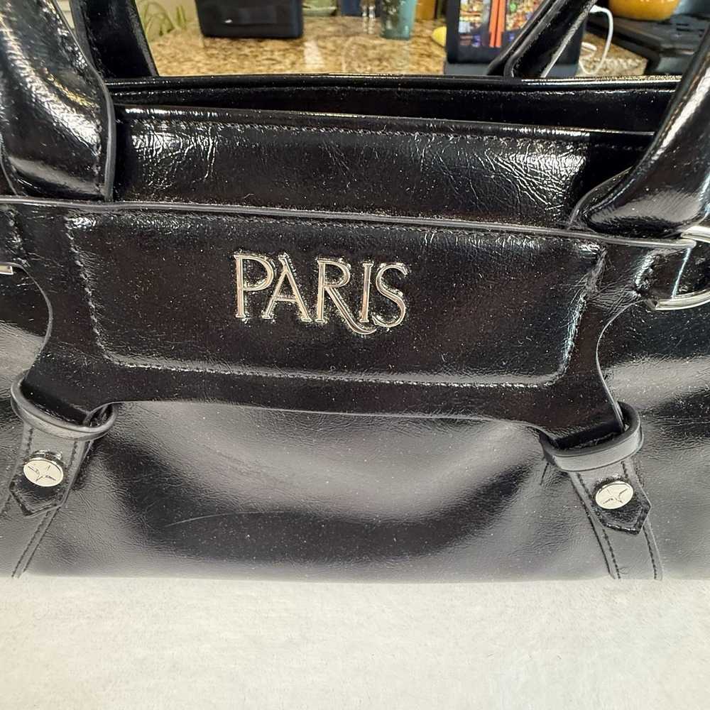 PARIS Black Patent Handbag Satchel Purse Silver Hardware Pink Lining Y2K